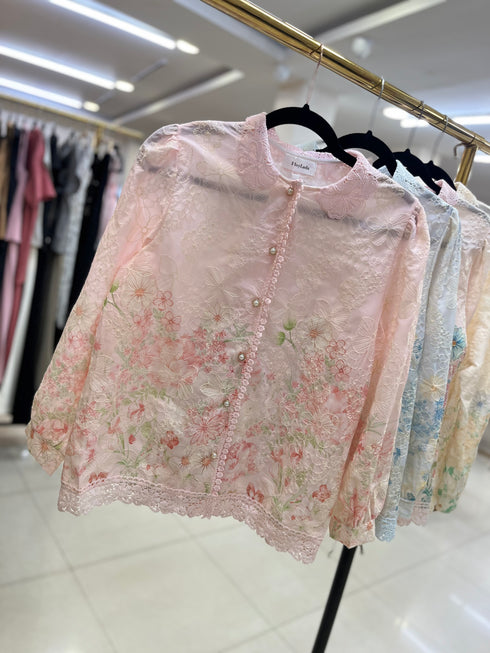 Flower Embroidery Lace Collar Shirts